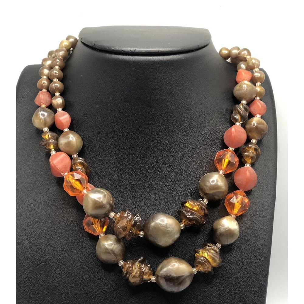 Vintage Germany Two Strand Necklace Fall Colors!!Orange~Taupe~Brown~Dark Orange!